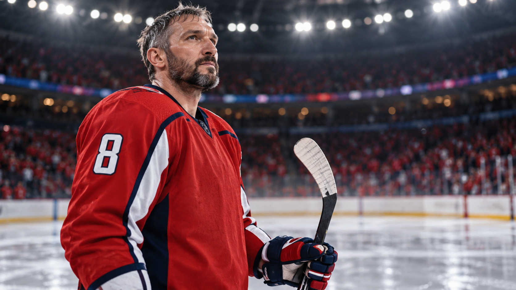 AI-generated editorial illustration of Alex Ovechkin in a red hockey uniform on the ice
