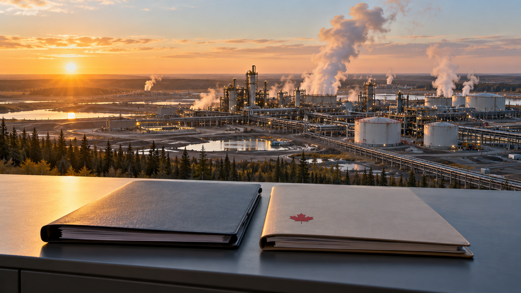 AI-generated editorial illustration of an Alberta oil sands facility and two unbranded folders