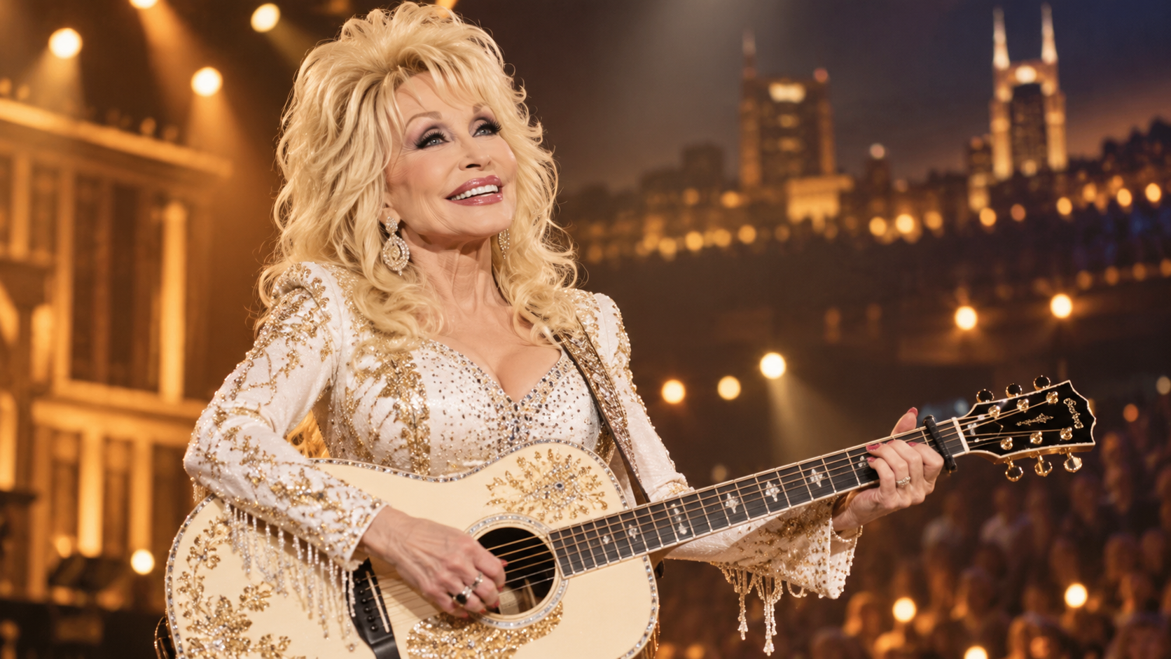AI-generated editorial illustration of Dolly Parton with a guitar on a warmly lit stage
