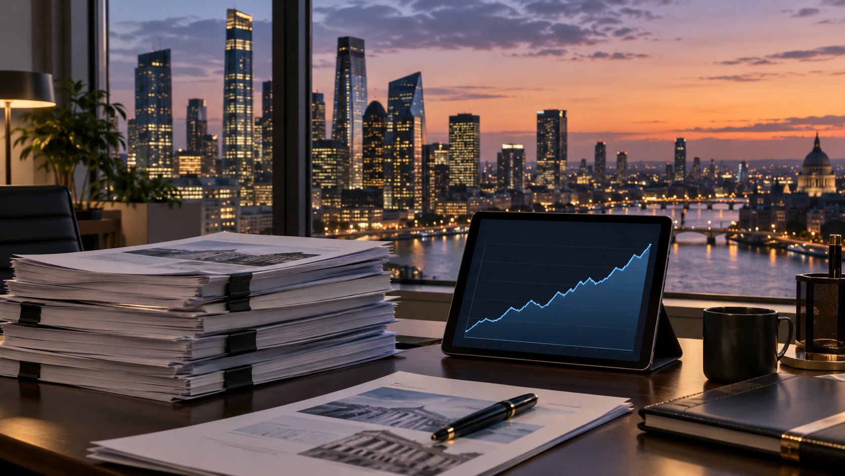 AI-generated editorial illustration of budget papers and a rising bond-yield chart overlooking a financial district