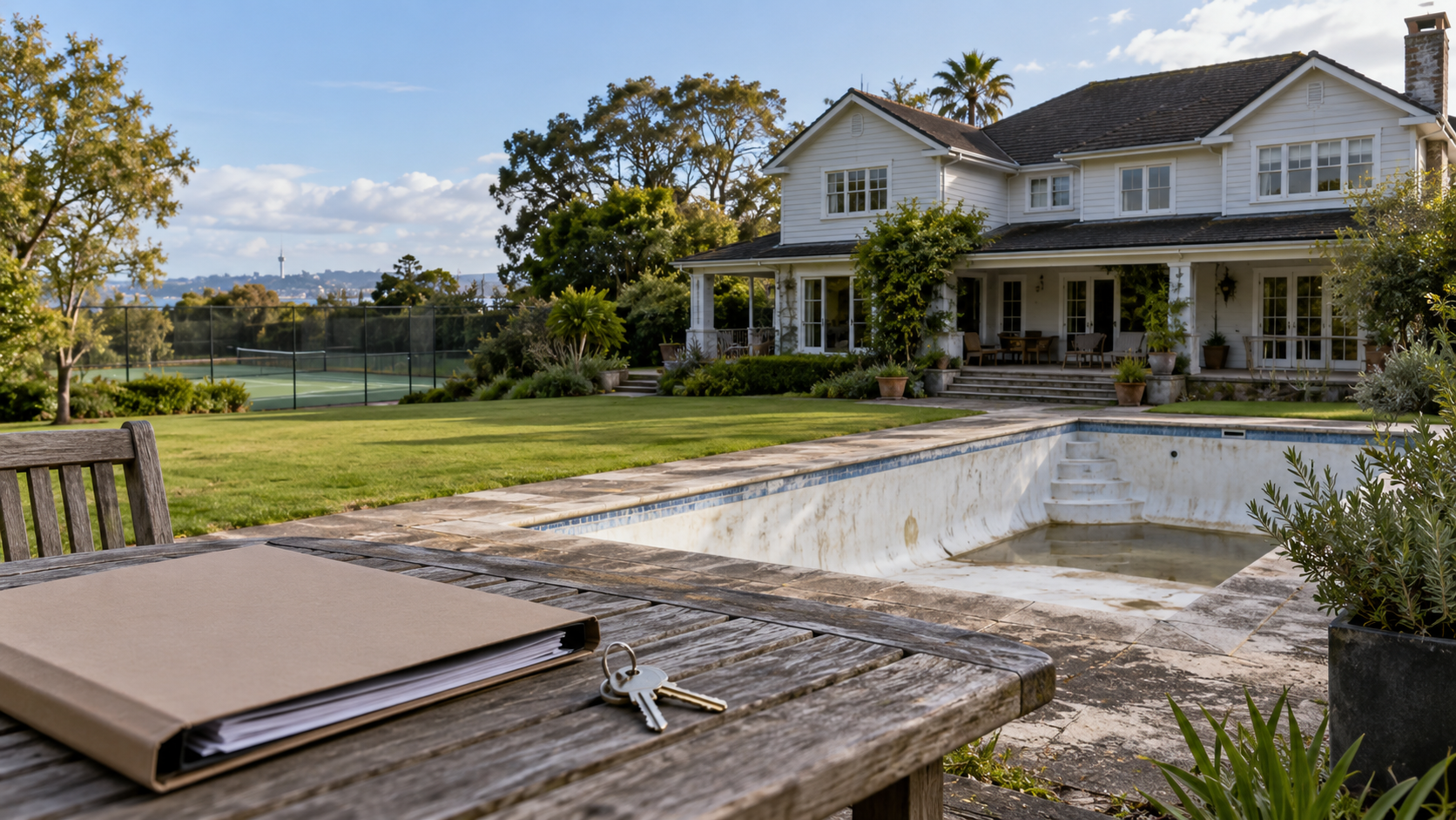 AI-generated illustration of a generic Auckland house, keys and legal folder; not the property in the case