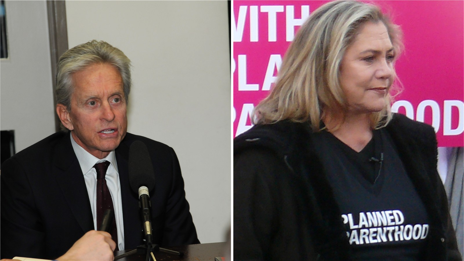 Michael Douglas and Kathleen Turner in a split image