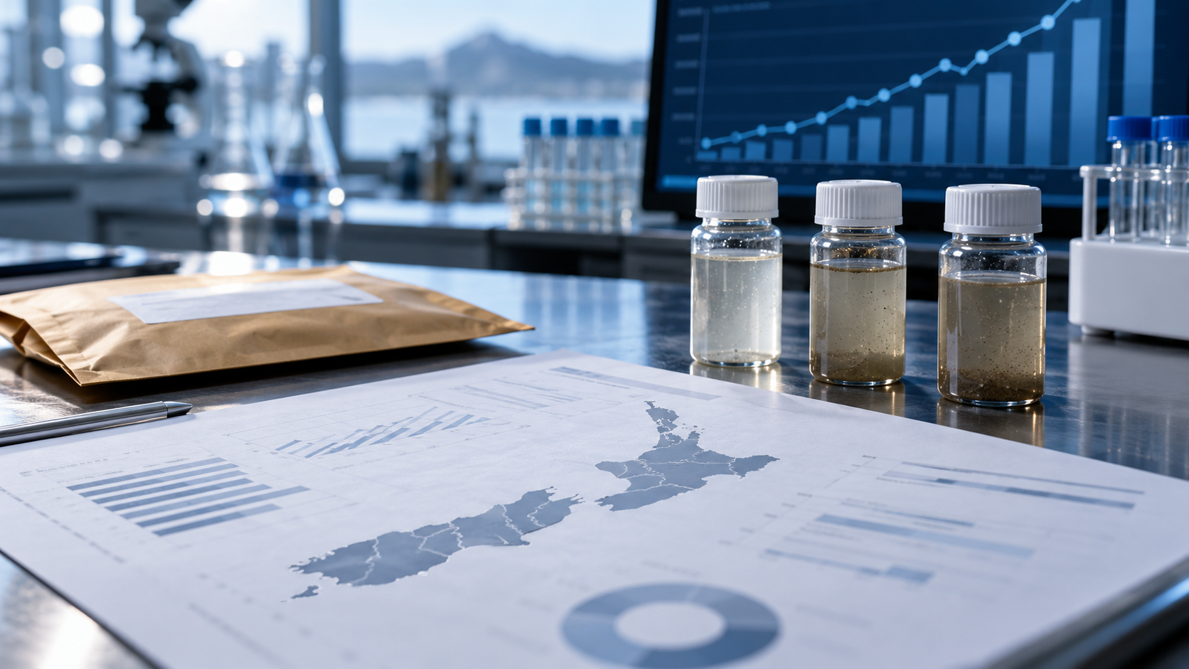 AI-generated editorial illustration of New Zealand wastewater sample bottles and a drug-trend report