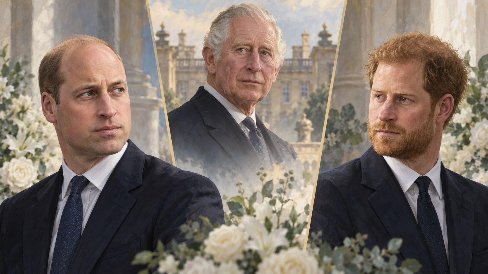 AI-generated editorial triptych of Prince William, King Charles III, and Prince Harry in separate panels