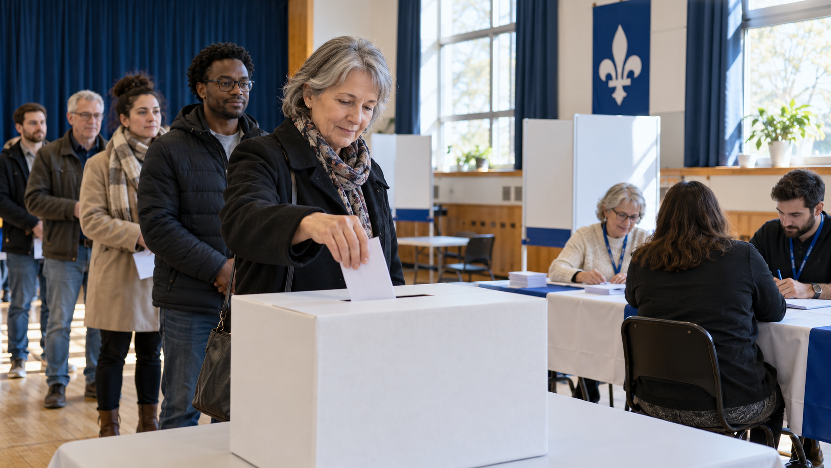 AI-generated editorial illustration of voters at a Quebec provincial election polling place