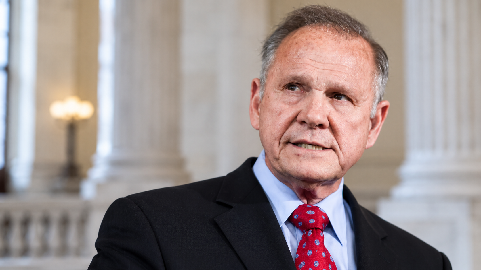 AI-generated editorial illustration of Roy Moore against a courthouse-style background