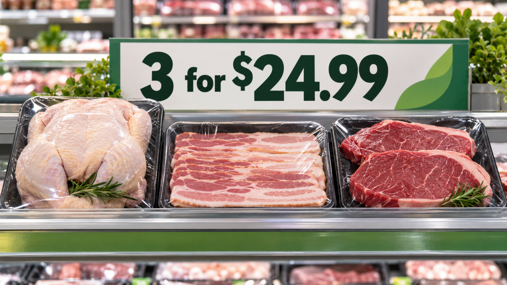 AI-generated editorial illustration of three supermarket meat packs below a three-for-$24.99 sign